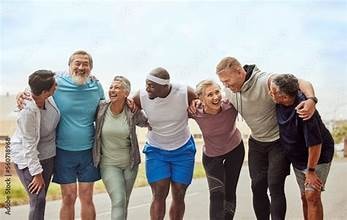 Diverse group of neighbors laughing and embracing outdoors
